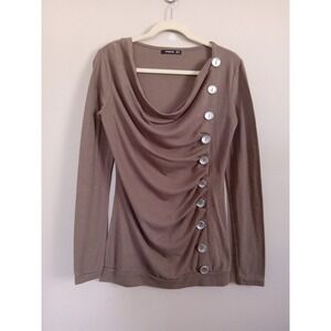 patty boutik‎ Women Brown Ruch Button Waterfall Neck Longsleeve Top Size M